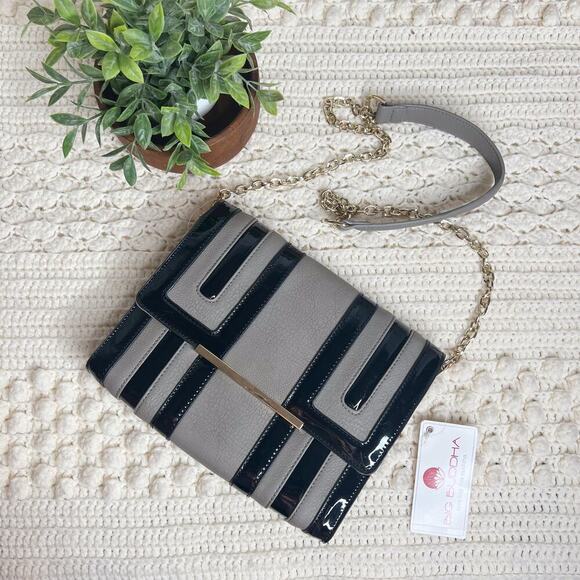 BIG BUDDHA Women's Gray Temple Black Patent Leather Chain Strap Handbag NWT - Picture 1 of 13